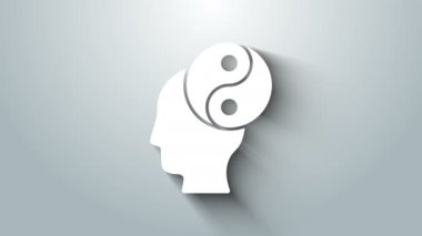Beyaz Yin Yang, gri arka planda izole edilmiş uyum ve denge sembolü. 4K Video hareketli grafik canlandırması
