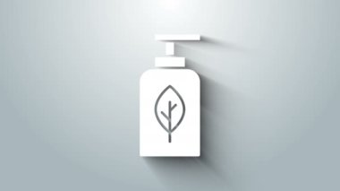 Gri arka planda beyaz yağ şişesi simgesi izole edildi. Organik aromaterapi özü. Cilt bakımı serumu cam bırakma paketi. 4K Video hareketli grafik canlandırması