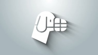 Beyaz Köpek 'in ağızlık simgesi gri arka planda izole edildi. Köpek için suç ortağı. 4K Video hareketli grafik canlandırması