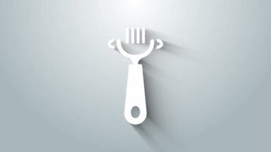 Gri arka planda köpek ve kedi ikonu için beyaz saç fırçası izole edildi. Hayvan kürkü için fırça. Hayvan aksesuarı. 4K Video hareketli grafik canlandırması