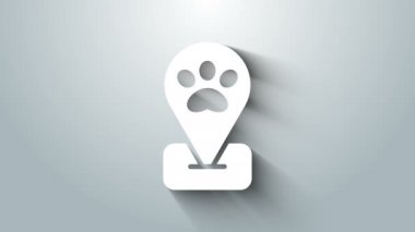 Beyaz Konum hayvan tımar ikonu gri arka planda izole edildi. Evcil hayvan kuaförü. Köpekler ve kediler için berber dükkanı. 4K Video hareketli grafik canlandırması