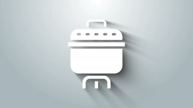 Gri arkaplanda beyaz tencere simgesi izole edildi. Haşlama ya da güveç besin sembolü. 4K Video hareketli grafik canlandırması