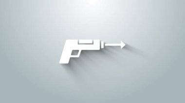 Beyaz Balıkçılık zıpkın ikonu gri arka planda izole edildi. Suyun altında balık yakalamak için balıkçılık üreticileri. Su altı ekipmanları. 4K Video hareketli grafik canlandırması