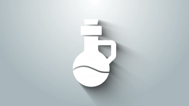 Icono blanco de la botella de aceite esencial aislado sobre fondo gris. Esencia de aromaterapia orgánica. Cuidado de la piel suero vaso gota paquete. Animación gráfica de vídeo 4K — Vídeos de Stock