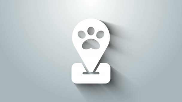 White Location pet grooming icon isolated on grey background. Pet hair salon. Barber shop for dogs and cats. 4K Video motion graphic animation