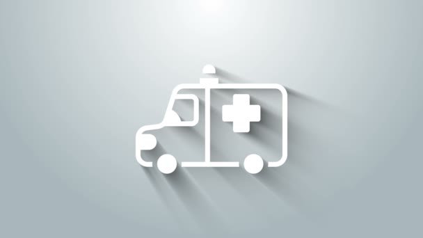 Witte Ambulance en nood auto pictogram geïsoleerd op grijze achtergrond. Ambulance voertuig medische evacuatie. 4K Video motion grafische animatie — Stockvideo