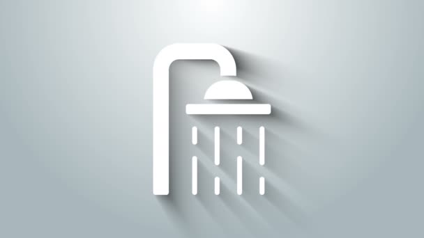 Vit duschhuvud med vattendroppar flödande ikon isolerad på grå bakgrund. 4K Video motion grafisk animation — Stockvideo