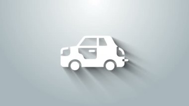 Gri arkaplanda beyaz araba simgesi izole edildi. 4K Video hareketli grafik canlandırması