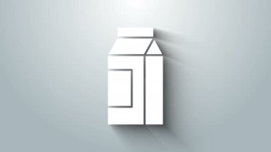 Gri arkaplanda süt simgesi için beyaz kağıt paketi izole edildi. Süt paketi işareti. 4K Video hareketli grafik canlandırması