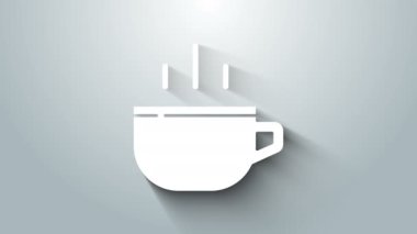 Beyaz kahve fincanı simgesi gri arkaplanda izole edilmiş. Çay fincanı. Sıcak içecek kahvesi. 4K Video hareketli grafik canlandırması