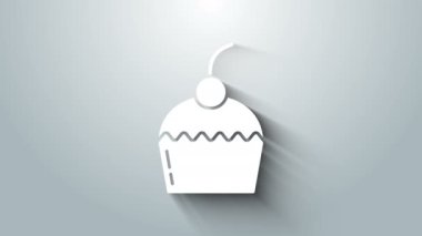 Beyaz Kek simgesi gri arkaplanda izole edildi. Doğum günün kutlu olsun. 4K Video hareketli grafik canlandırması