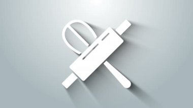 Beyaz Mutfak çırpma ve merdane simgesi gri arka planda izole edildi. Mutfak aletleri, yumurta çırpıcı. Çatal bıçak seti. Yemek karışımı sembolü. 4K Video hareketli grafik canlandırması