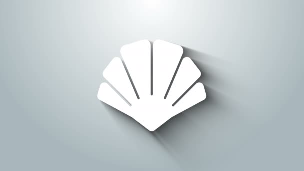 Bílá Scallop mořská skořápka ikona izolované na šedém pozadí. Nápis Seashell. Grafická animace pohybu videa 4K — Stock video
