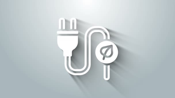 White Electric saving plug in leaf icon isolated on grey background. Save energy electricity. Environmental protection. Bio energy. 4K Video motion graphic animation — Stock Video