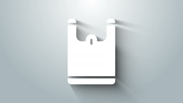 Vit plastpåse ikon isolerad på grå bakgrund. Förbudsskylt för cellofan och polyeten för engångsbruk. 4K Video motion grafisk animation — Stockvideo