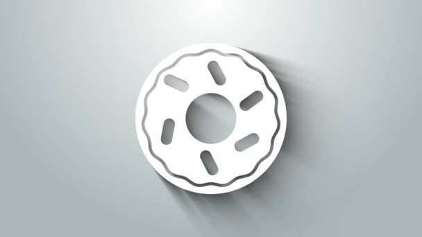 Белый пончик со сладкой глазурью значок изолирован на сером фоне. Видеографическая анимация 4K — стоковое видео