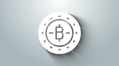 Beyaz Kripto Para Parası Bitcoin simgesi gri arka planda izole edildi. Madeni para. Engelleme zinciri tabanlı şifreli para birimi. 4K Video hareketli grafik canlandırması