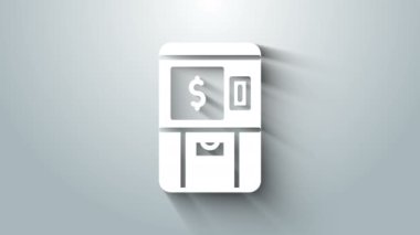 Beyaz ATM - Otomatik veznedar ve para ikonu gri arka planda izole edildi. 4K Video hareketli grafik canlandırması