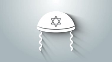 David 'in yıldızı beyaz Yahudi kippah ve gri arka planda izole edilmiş kenar mahalle ikonu. Yahudi şapkası. 4K Video hareketli grafik canlandırması
