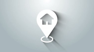 Gri arkaplanda ev simgesi olan beyaz harita işaretçisi. Ev konumu belirleyici sembol. 4K Video hareketli grafik canlandırması