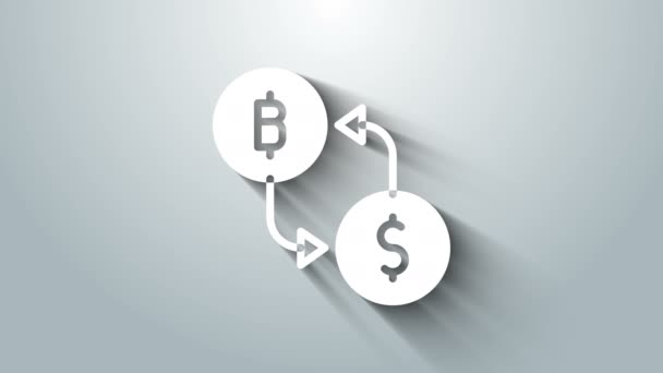 Bílá ikona výměny kryptoměn izolované na šedém pozadí. Ikona výměny bitcoinů za dolar. Kryptoměnová technologie, mobilní bankovnictví. Grafická animace pohybu videa 4K — Stock video