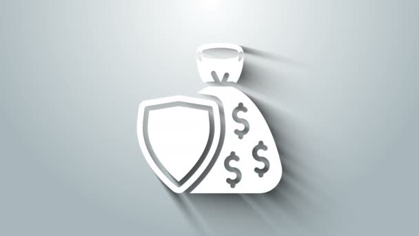 White Shield and money bag with dollar symbol icon isolated on grey background. Security shield protection. Money security concept. 4K Video motion graphic animation — Stock Video