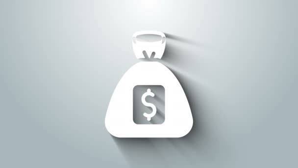 Saco de dinheiro branco ícone isolado no fundo cinza. Dólar ou símbolo USD. Cash Banking sinal de moeda. Animação gráfica em movimento de vídeo 4K — Vídeo de Stock
