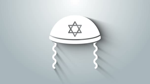 Vit judisk kippah med stjärnan av David och sidelocks ikon isolerad på grå bakgrund. Judisk yarmulkehatt. 4K Video motion grafisk animation — Stockvideo