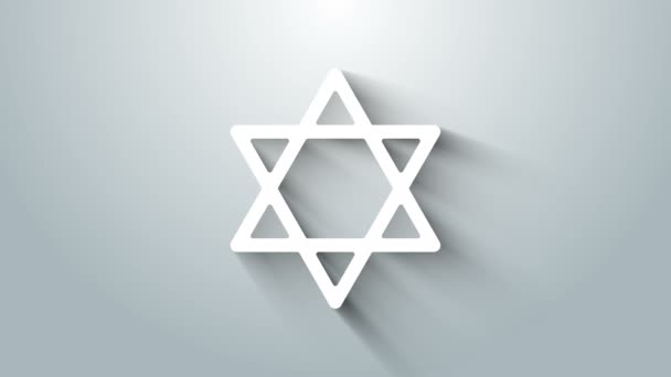 Bílá hvězda Davidovy ikony izolované na šedém pozadí. Židovský náboženský symbol. Symbol Izraele. Grafická animace pohybu videa 4K — Stock video