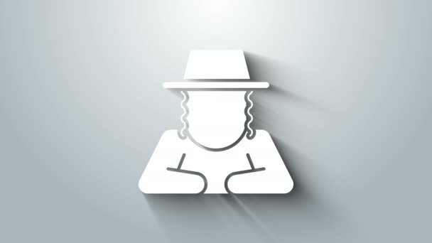 White Orthodox Jewish hat with sidelocks icon isolated on grey background. Еврейские мужчины в традиционной одежде. Символы иудаизма. Видеографическая анимация 4K — стоковое видео
