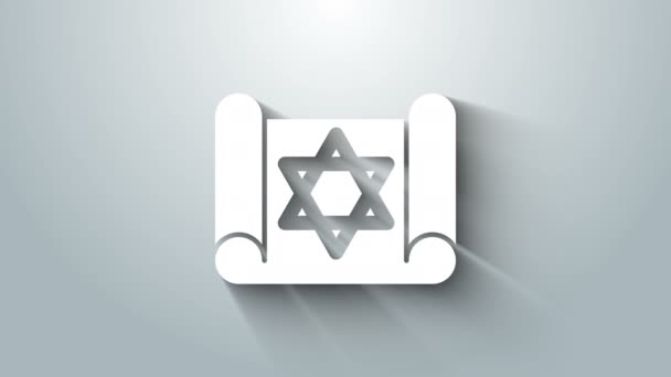 Witte Torah scroll pictogram geïsoleerd op grijze achtergrond. Joodse Thora in uitgebreide vorm. Ster van David symbool. Oude perkament rol. 4K Video motion grafische animatie — Stockvideo