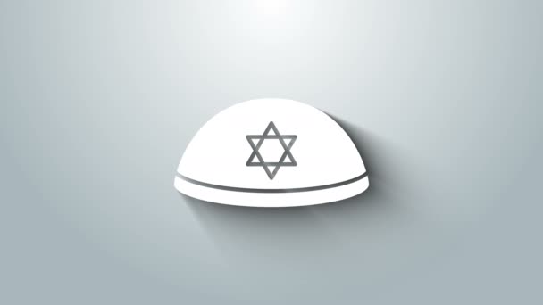 Fehér zsidó kippah a Dávid ikon csillagával, szürke háttérrel. Zsidó yarmulke kalap. 4K Videó mozgás grafikus animáció