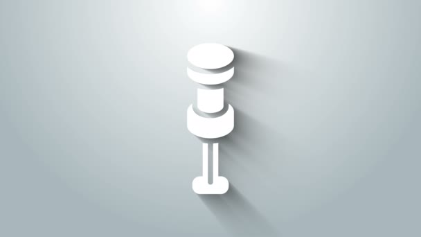 Bílá ikona Push pin izolované na šedém pozadí. Znamení připínáčků. Grafická animace pohybu videa 4K — Stock video