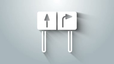 Beyaz Yol trafik tabelası. Gri arkaplanda sinyal simgesi izole edildi. İşaretçi sembolü. İzole sokak bilgi levhası. Yön tabelası. 4K Video hareketli grafik canlandırması