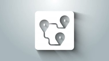 Beyaz Yol konum simgesi gri arkaplanda izole edildi. Harita işaretçisi işareti. Yol ya da yol kavramı. GPS navigatörü. 4K Video hareketli grafik canlandırması