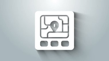 Gri arkaplanda harita simgesine sahip beyaz GPS aygıtı. 4K Video hareketli grafik canlandırması