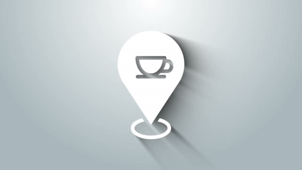 Biała lokalizacja z ikoną filiżanki kawy izolowane na szarym tle. 4K Animacja graficzna ruchu wideo — Wideo stockowe