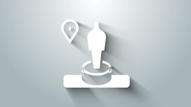 Pin Mapa Blanco e icono del monumento aislado sobre fondo gris. Navegación, puntero, ubicación, mapa, GPS, dirección, lugar, brújula, concepto de búsqueda. Animación gráfica de vídeo 4K — Vídeo de stock