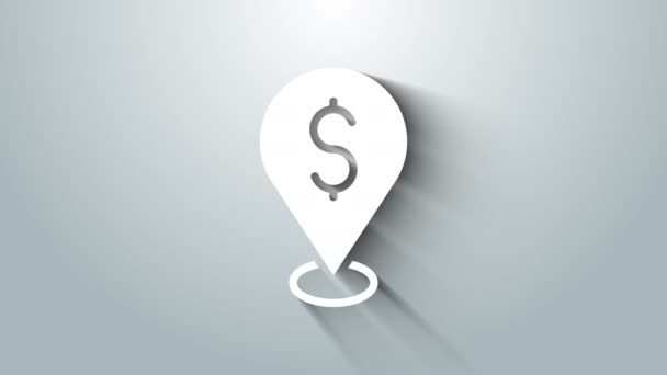 Weißes Cash-Pin-Symbol isoliert auf grauem Hintergrund. Zeiger und Dollarsymbol. Geldstandort. Geschäfts- und Investitionskonzept. 4K Video Motion Grafik Animation — Stockvideo