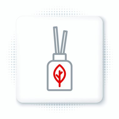 Beyaz arkaplanda izole edilmiş çizgi Aroma dağıtıcı simgesi. Cam kavanoz, ahşap aroma çubuklarıyla farklı. Renkli taslak konsepti. Vektör.