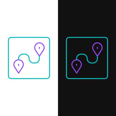 Çizgi Yolu konum simgesi beyaz ve siyah arkaplanda izole edildi. Harita işaretçisi işareti. Yol ya da yol kavramı. GPS navigatörü. Renkli taslak konsepti. Vektör.