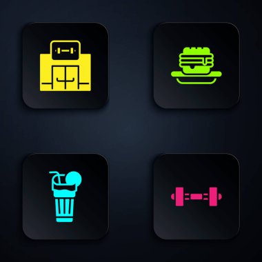 Dumbbell 'i, spor salonunu, taze meyve suyunu ve ıvır zıvırı hazırla. Siyah kare düğme. Vektör.