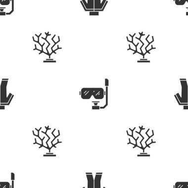 Dalgıç giysisi, dalış maskesi, şnorkel ve mercan desenlerini kusursuz hale getirin. Vektör.