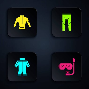 Dalış maskesi, şnorkel, dalış kıyafeti ve... Siyah kare düğme. Vektör.