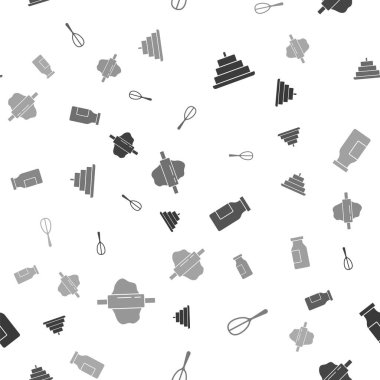 Pastayı yanan mumlarla, mutfak çırpıcısıyla, şişe sütüyle ve pürüzsüz desenli hamurla ayarla. Vektör.