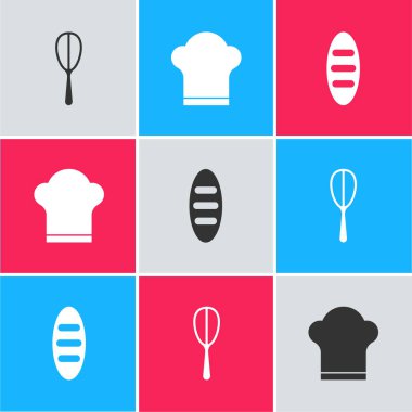 Mutfak çırpıcısını, Şef şapkasını ve ekmekli ekmek ikonunu hazırla. Vektör.