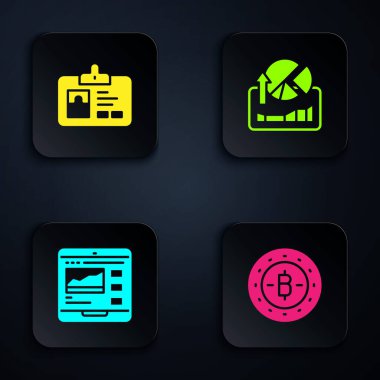 Bitcoin, kimlik kartı, ticaret kursları ve borsa büyüme grafikleri ayarla. Siyah kare düğme. Vektör.