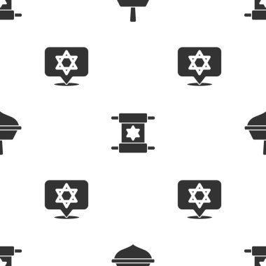 Hanukkah dreidel, Torah parşömeni ve Davut Yıldızı 'nı kusursuz bir desene ayarlayın. Vektör.