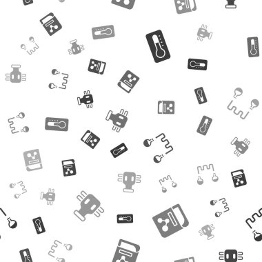 Tıbbi termometreyi, kimya kitabını, test tüpünü, matarayı ve gaz maskesini pürüzsüz desene ayarlayın. Vektör.