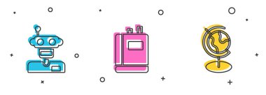 Robot, Kitap ve Dünya ikonunu ayarla. Vektör.